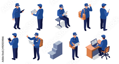 isometric postman character set in various poses holding letters digital tablet and laptop hand drawn vector illustration for delivery service and communication