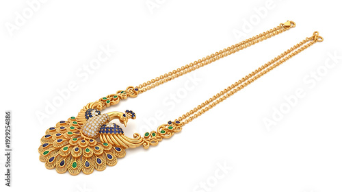 Exquisite gold peacock necklace with diamonds and emeralds, Indian jewelry