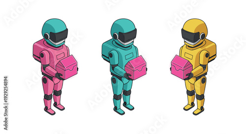 set of colorful futuristic delivery robots holding pink packages in hand drawn style for technology and logistics