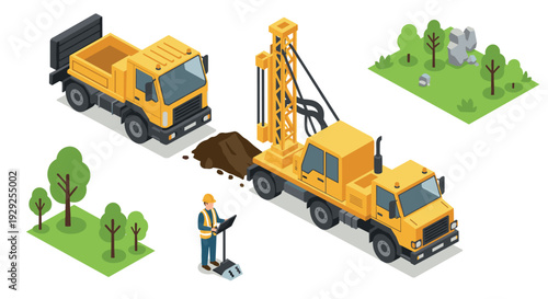 isometric construction worker with drilling truck dump truck and landscape elements in flat vector style