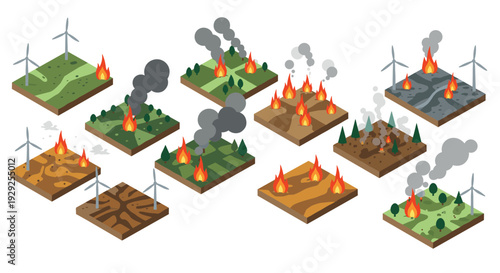 isometric terrain landscapes with wildfires burning smoke and wind turbines set collection