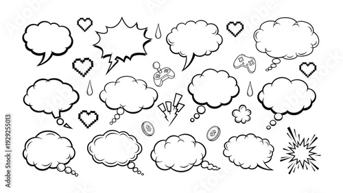 Comic Speech Bubbles Collection: A vibrant collection of comic book speech bubbles, hearts, gamepads and related elements.