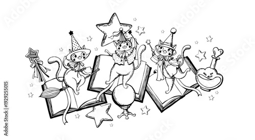 Vector illustrations featuring cats and magic: a fortune ball, books, potions, and stars. Graphic illustrations for children's crafts, stationery, textiles, and interior design.