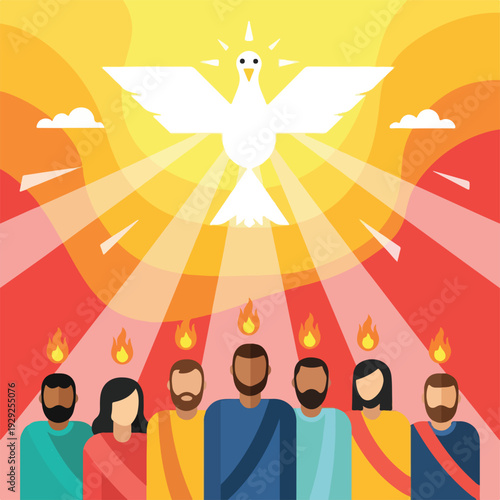 A stylized illustration features a dove, flames, and people with beams of light