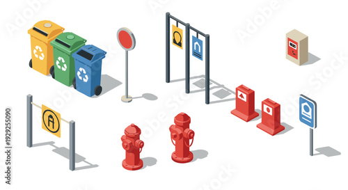 isometric set of urban street elements including recycling bins hydrants signs and mailboxes in flat design