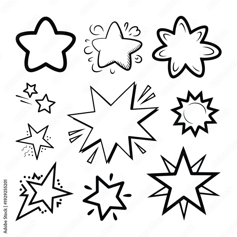 Obraz premium Doodle Star Collection: An array of whimsical star doodles, each with its unique charm and expression, perfect for adding a touch of playful creativity and delight.