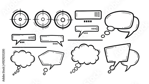 Targeting thoughts and ideas: A collection of hand-drawn thought bubbles and targets, offering space for communication and focus. Capturing the essence of strategy and dialogue.
