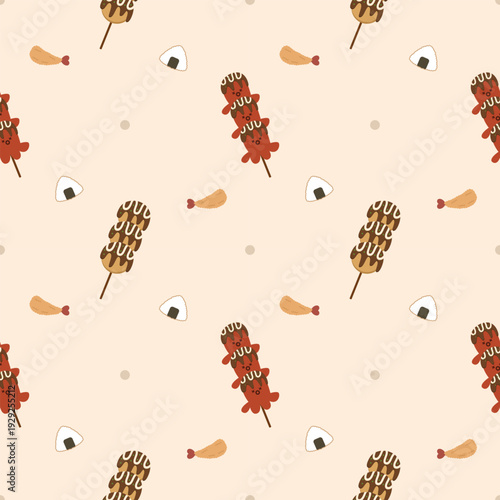 Japan food cartoon so cute. On takoyaki grilled squid tempura onigiri background. Pattern seamless vector illustration. 
