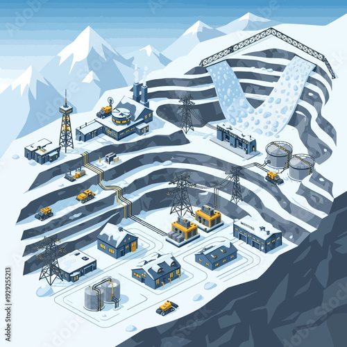 Snowy Mining Operation with Heavy Machinery.
