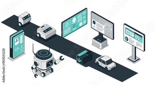isometric futuristic delivery robot and autonomous vehicle with digital screens and gadgets in flat style technology concept