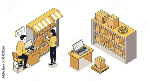 isometric small business inventory and order management scene with people using laptops and shelves with packages in flat design