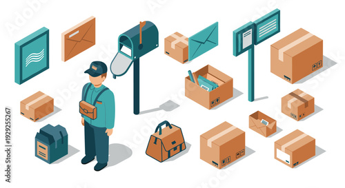 isometric postman delivery person with mailbox packages envelopes and mailbag collection vector illustration