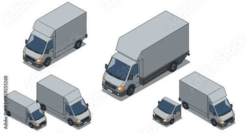isometric delivery cargo truck set in vector style for logistic and transportation design