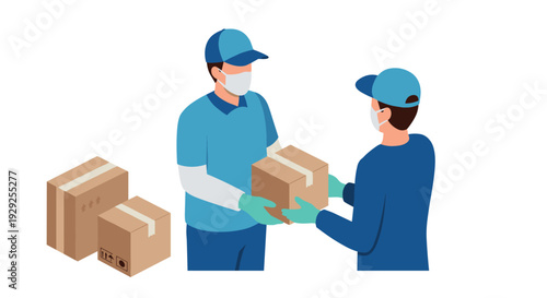 two delivery workers wearing face masks passing a package in flat vector style for health and safety concept