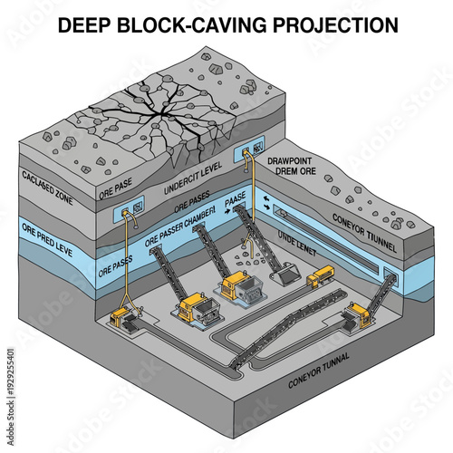Underground Mining Operation with Block Caving Method.