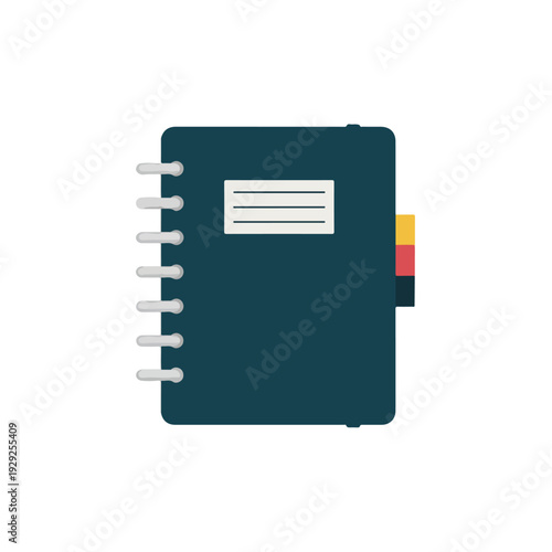 A stylized illustration of a closed notebook with spiral binding