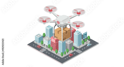 drone delivering package over city buildings isometric illustration modern delivery concept