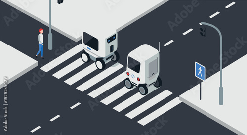 two autonomous delivery robots crossing a street with pedestrian and traffic light in isometric style