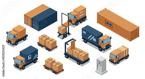 isometric delivery and logistics vehicles with shipping containers and packages hand drawn vector illustration