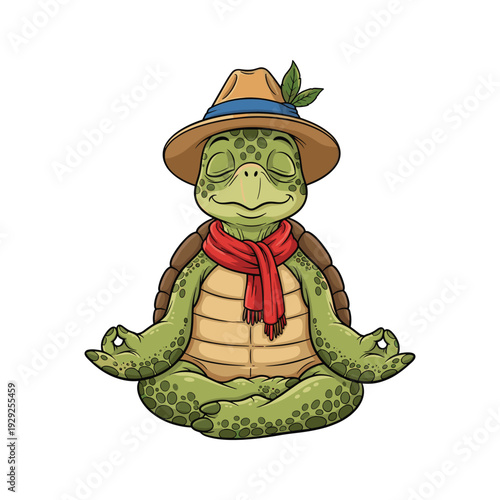 Turtle meditating with hat and scarf in lotus position