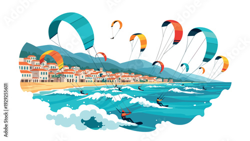 colorful kite surfers riding waves on ocean near coastal village digital illustration