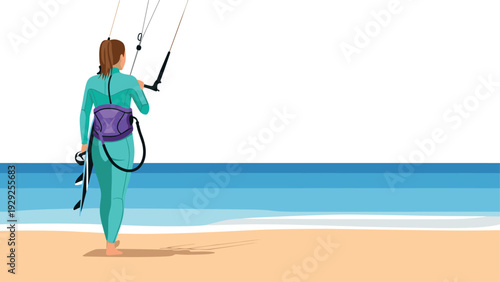 woman kite surfer in wetsuit holding kite control bar on beach with ocean background digital illustration