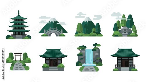 set of hand drawn traditional Japanese buildings and nature landscapes flat style icons