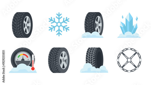 winter car tire and snowflake icon set with snow, ice, and tire chains in flat vector style