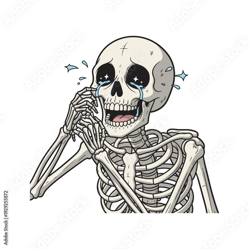 Skeleton laughing happily with tears of joy on white background