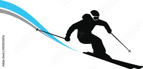 Dynamic downhill skiing silhouette in a minimalist vector style.