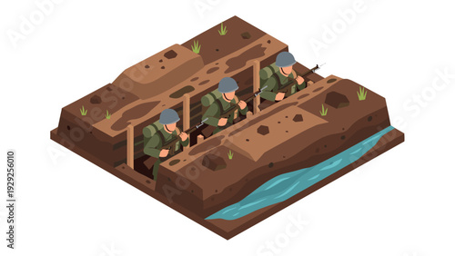 isometric soldiers in trench warfare hand drawn illustration of military defense position