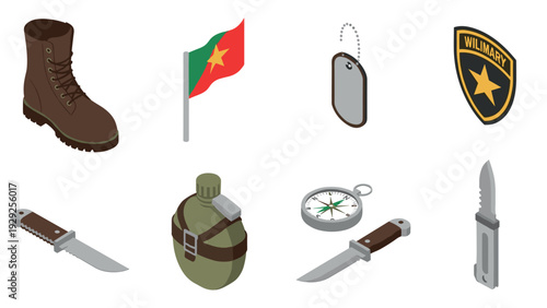set of military equipment icons including combat boot flag dog tag patch knives canteen and compass in flat style