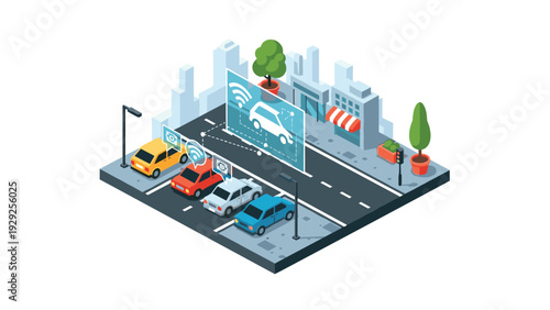 isometric smart car parking system with digital wifi communication technology and city street scene