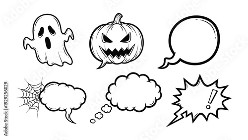 Halloween Comic Speech Bubble Set: This image features six comic speech bubble designs with Halloween elements, perfect for adding a touch of spooky fun to any project. The set includes a ghost.