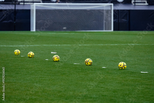 Football training session setup with balls aligned on grass pitch
