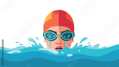 swimmer woman with goggles and swim cap emerging from water splash in vector style