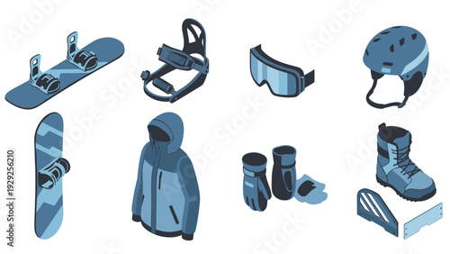 snowboard equipment set with board bindings jacket gloves helmet boots and goggles in hand drawn style