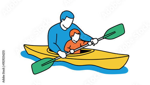 father and son paddling together in a yellow kayak hand drawn family outdoor activity illustration