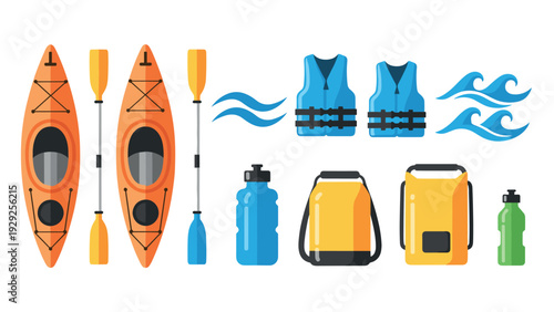 set of kayaking equipment with orange kayaks paddles life jackets and water bottles in flat style