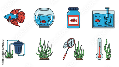 hand drawn colorful set of aquarium fish plants accessories and maintenance icons