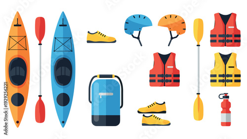 set of colorful kayaking equipment with kayaks paddles life jackets helmets shoes and water bottle in flat design