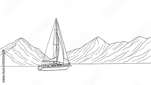 sailboat on water with mountain background line art simple hand drawn illustration