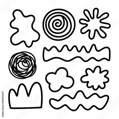Abstract Doodle Art Set: A collection of playful, hand-drawn black doodle elements offers a whimsical touch, perfect for adding a creative flair to any design or project.