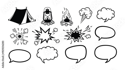 Camping and Comic Elements: Camping tent, lantern, bonfire, and speech bubble with comic-style elements set on a backdrop. 