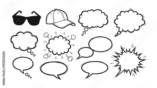 Sunglasses and Speech Bubble Set: A playful compilation of sunglasses, cap, and assorted speech bubbles, ideal for graphic design projects and cartoon elements.
