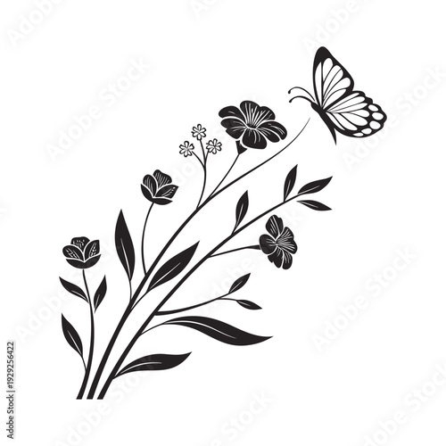 Black and white illustration of butterfly resting on flower branch, detailed botanical line art, nature themed monochrome design for print, packaging, and decor