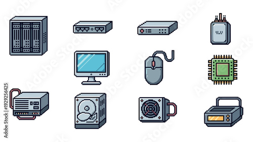pixel art computer hardware icons set in retro style including monitor mouse cpu and hard drive