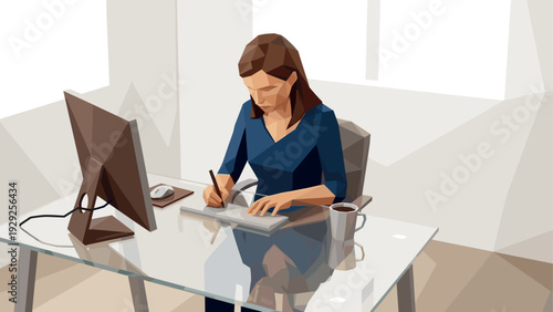 woman working with graphics tablet and computer in modern polygonal low poly style office illustration