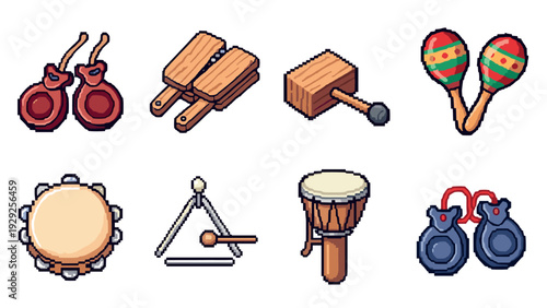 pixel art collection of eight hand drawn traditional percussion musical instruments isolated on white