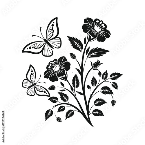Elegant black and white floral illustration with butterflies, detailed botanical composition, nature inspired monochrome artwork for wall art, textile, and branding